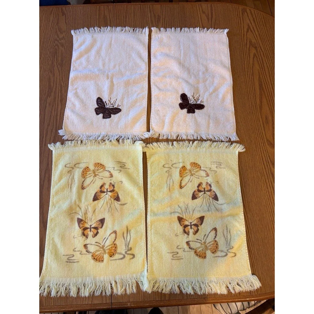 Bundle lot vintage groovy butterfly hand towel set white yellow cottagecore